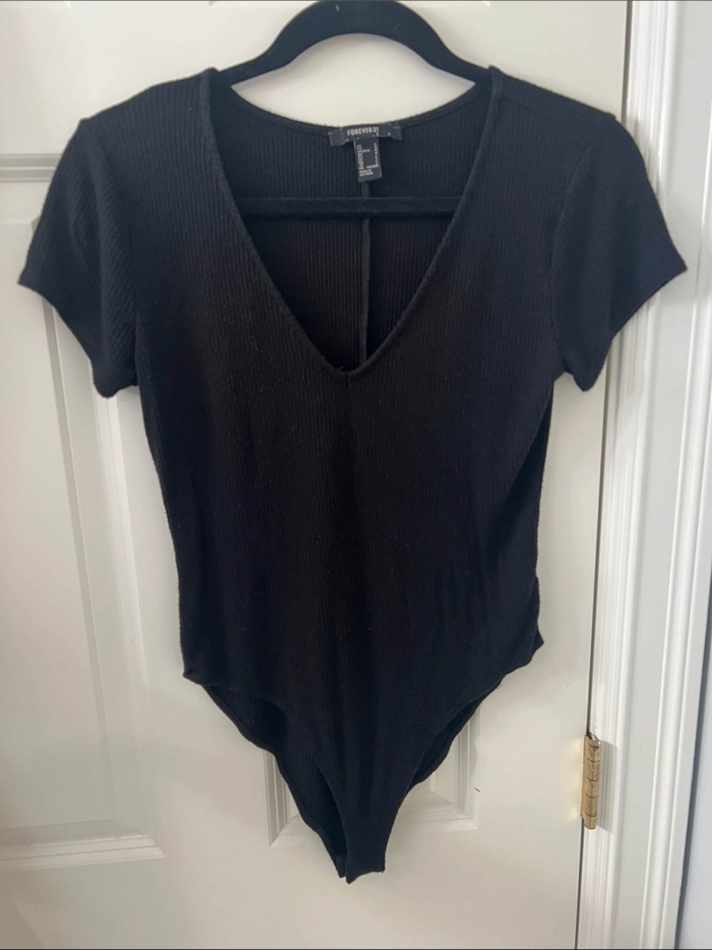 Forever 21 Black Ribbed V-Neck Short Sleeve Bodysuit